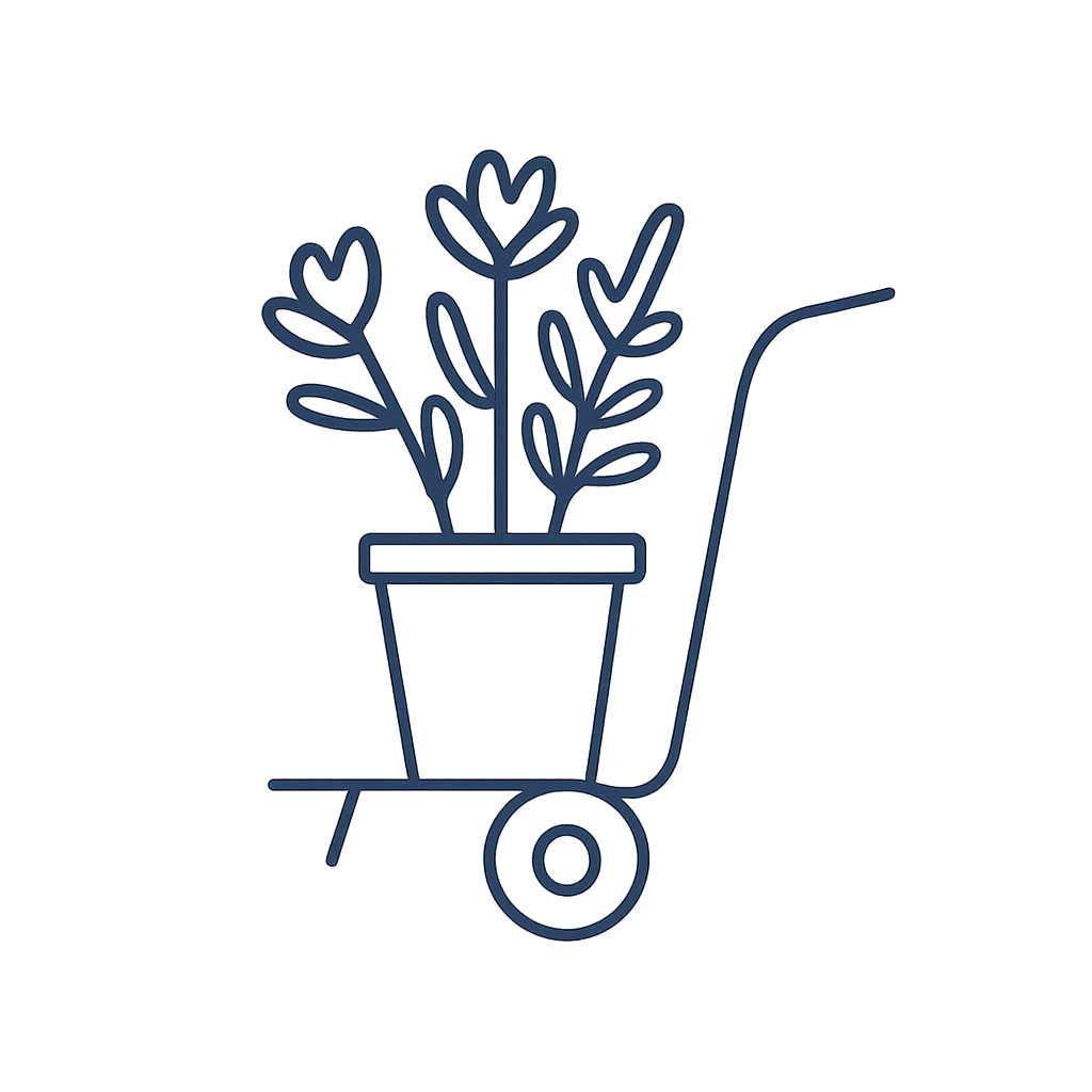 A simple line drawing of a plant in a pot being pushed on a cart. The pot contains two stems with heart-shaped leaves.